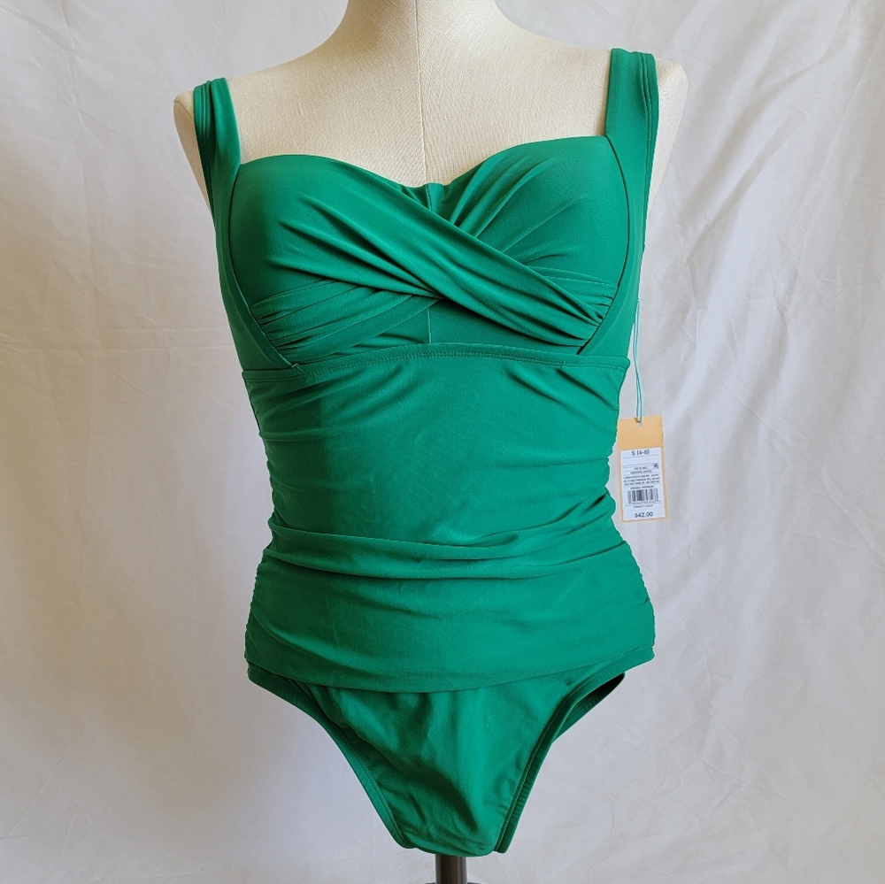 Kona Sol One Piece Swimsuit Twist-Front Square Neck Full Coverage Tummy Control